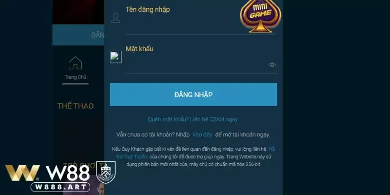 Điền tên đăng nhập W88, mật khẩu